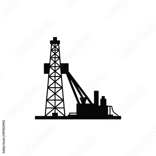 A black silhouette of an oil rig on a white background