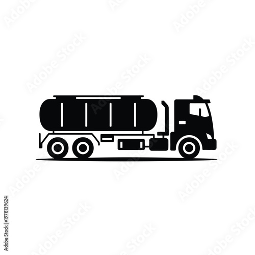 A black silhouette of a large tanker truck on a white background