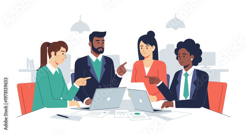 Business people working on laptops together.