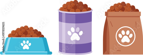 Pet food containers with kibble bowl can and bag packaging vector illustration set isolated on white background for animal nutrition design