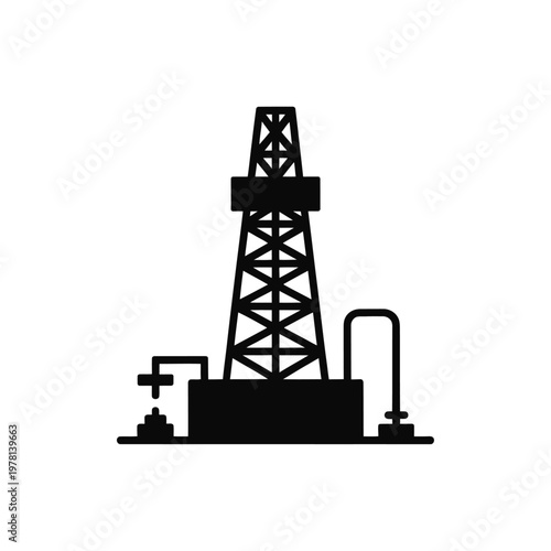 A black silhouette of an oil rig on a white background
