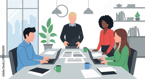 Business people sitting around meeting table.