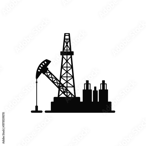 A black silhouette of an oil pump and industrial site