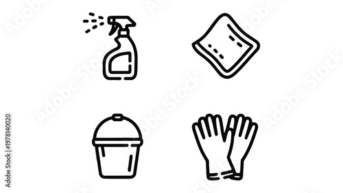 Cleaning Supplies Icon Set: A neatly arranged collection of essential cleaning tools, presented as simple, yet effective black and white icons.
