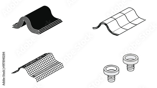 Roofing Components: Architectural illustration showcasing diverse roofing materials and essential components. Includes roof tiles and fasteners in a detailed perspective view.