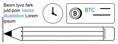 Cryptocurrency, finance, time management, payment systems, design tools, digital economy. Pencil, clock Bitcoin wallet with icon and placeholder text. Cryptocurrency and finance