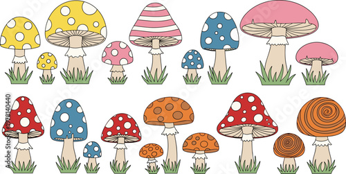 Colorful cartoon mushroom collection with various spotted toadstools and forest fungi vector illustration set isolated on white background