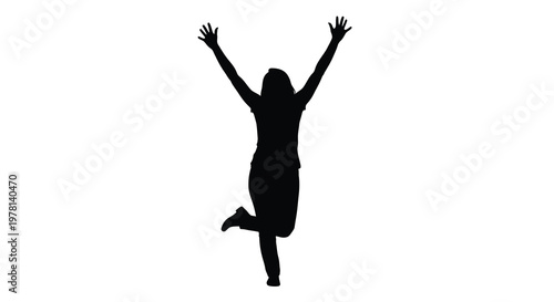 A joyful woman leaps in the air with arms raised high silhouette