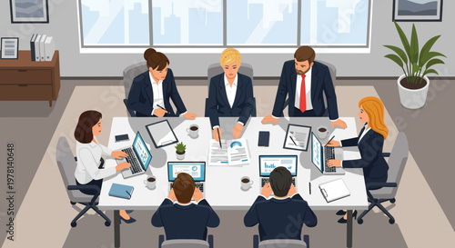 Business people sitting around meeting table.