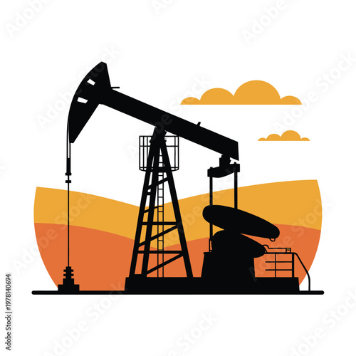 An oil pump jack in a desert landscape at sunset