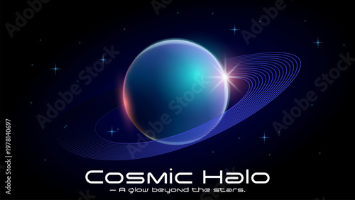Cosmic halo planet illustration with glowing rings and distant starlight background