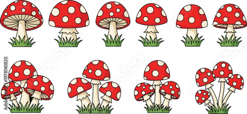 Cute cartoon mushroom set with red spotted toadstools and grass elements colorful vector illustration collection isolated on white background