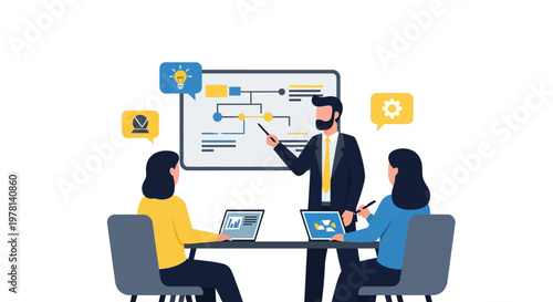 Business people discussing on laptops.