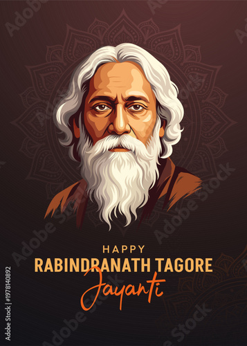 Rabindranath Tagore Jayanti A4 Poster with Mandala Dark Background
