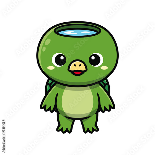 Cute green cartoon character toy figure.