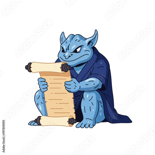 Blue monster holding ancient scroll.