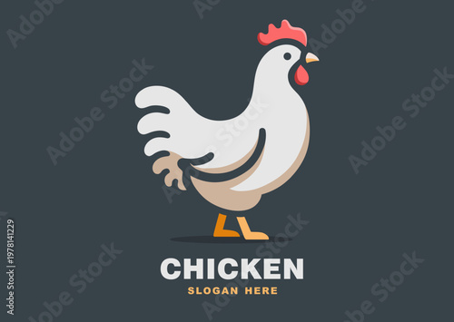 Chicken walking importantly across the yard, black and white vector silhouette