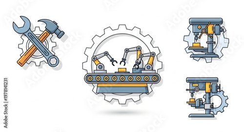 Industrial machinery and tools illustration with robotic arms.