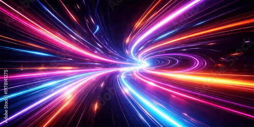 Bright neon lines and colorful fractal waves create an abstract motion background with glowing energy and a vibrant rainbow pattern for a modern art wallpaper design