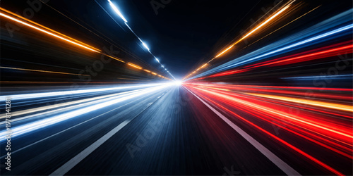 Fast cars drive through the city at night, creating an abstract blur of red and black light lines as traffic moves with speed along the dark urban highway