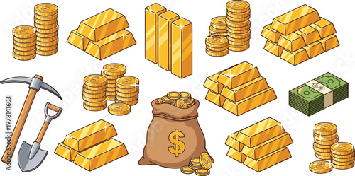 Gold bars coins money bag and mining tools collection wealth finance vector illustration set isolated on white background