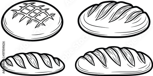 Sourdough bread loaf set with hand drawn vector illustrations