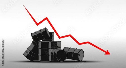 Oil barrels with a downward trending graph indicating price drop.