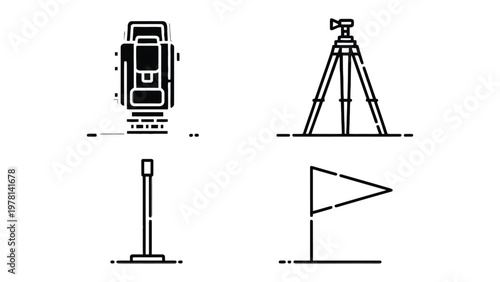 Surveying Tools: A collection of precise surveying instruments, meticulously illustrated, symbolizing the critical components employed in land measurement and mapping.