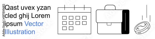 Business planning, financial management, time management, corporate scheduling, investment opportunities, productivity tools. Calendar, briefcase and coin icons. Business planning and financial