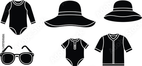 Baby sun protection clothing icons set for summer safety