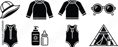 Baby sun protection clothing icons set for summer safety