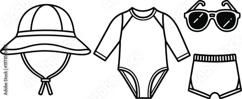 Baby sun protection clothing icons set for summer safety
