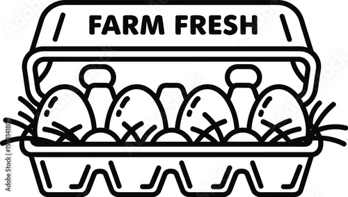 Egg carton illustration with fresh farm eggs and straw