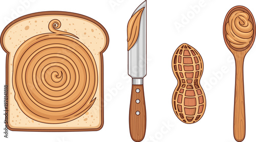 Peanut butter spread on bread with knife peanut and spoon detailed vector illustration food composition isolated on white background