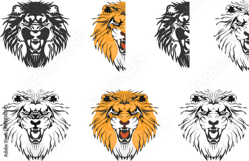 Vector set of aggressive roaring lion head mascots in color and black white line styles