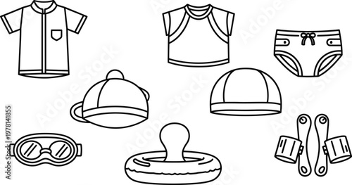 Baby swimwear icons and infant rash guard gear collection