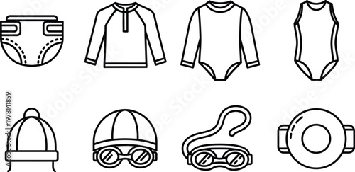 Baby swimwear icons and infant rash guard gear collection
