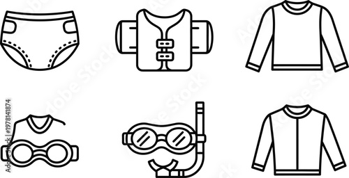 Baby swimwear icons and infant rash guard gear collection
