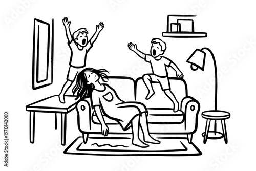 Tired woman resting on sofa as lively children jump around, line art style on white background, concept of motherhood exhaustion. Concept of maternal and parental burnout