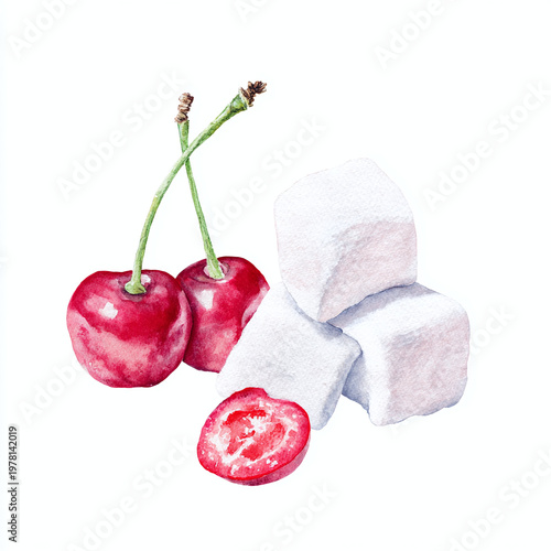 Fresh red cherries next to sugar cubes, creating a sweet and vibrant arrangement.
