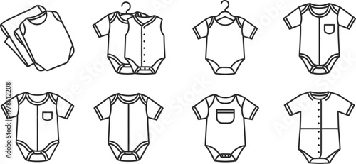 Baby bodysuit icons in minimalist line art style set