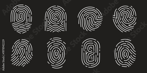 A unique black ink fingerprint vector illustration featuring a detailed thumbprint pattern for digital identity security and forensic criminal evidence identification design