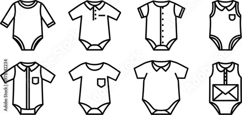 Baby bodysuit icons in minimalist line art style set