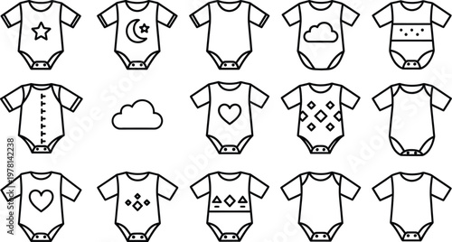 Baby bodysuit icons in minimalist line art style set
