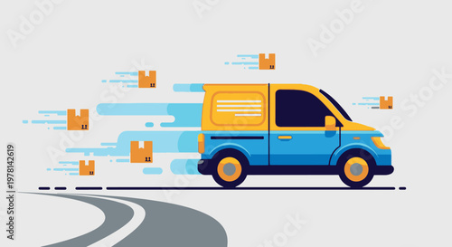 Dynamic flat vector illustration of a speeding delivery van with parcels, representing efficient express shipping and modern logistics services.