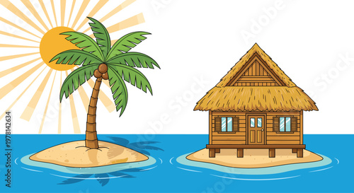 Tropical Island Vector Illustration Featuring a Traditional Thatched Roof Beach Hut and Palm Tree with Rising SunTropical Island Vector Illustration Featuring a Traditional Thatched Roof Beach Hut and