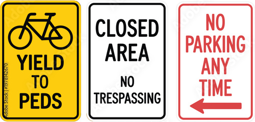 Collection of regulatory street signs for bicycle safety trespassing and parking restrictions