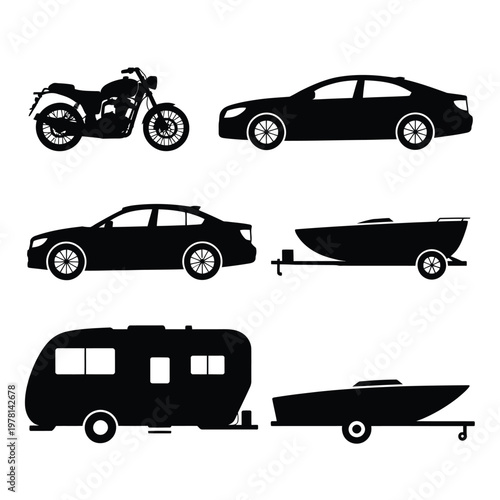 A collection of vehicle silhouettes including cars and boats