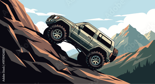 Dynamic vector illustration of a powerful 4x4 vehicle climbing a steep rocky mountain, representing adventure, capability, and extreme off-roading.