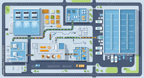 Industrial factory complex aerial view with production lines.